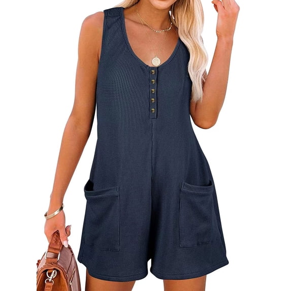 STARVNC Women Scoop Neck Sleeveless Shorts With Pockets Waffle Jumpsuit