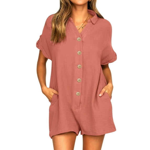 STARVNC Women Short Sleeve Solid Color Buttons Playsuit Romper With Pocket