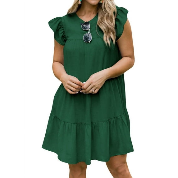 STARVNC Women Solid Color Crew Neck Ruffled Short Sleeve Dress