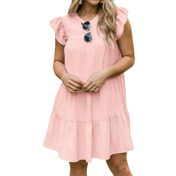 STARVNC Women Solid Color Crew Neck Ruffled Short Sleeve Dress