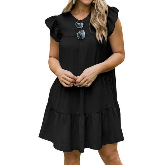 STARVNC Women Solid Color Crew Neck Ruffled Short Sleeve Dress