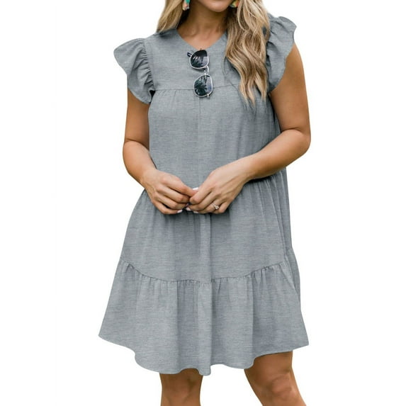 STARVNC Women Solid Color Crew Neck Ruffled Short Sleeve Dress