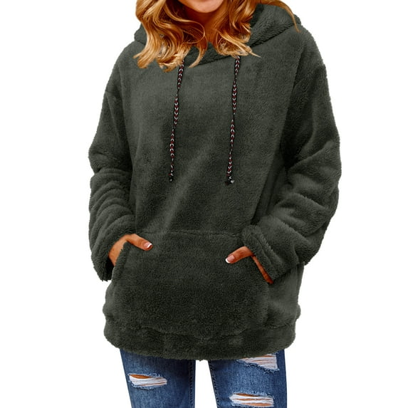 STARVNC Women Solid Color Pocket Hooded Long Sleeve Sweatshirt