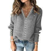 SLADYGLO STARVNC Women Solid Color V Neck Lace Stitching Buttons Long Sleeves Sweater
