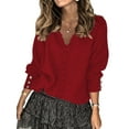 thumbnail image 1 of STARVNC Women Solid Color V Neck Lace Stitching Buttons Long Sleeves Sweater, 1 of 4