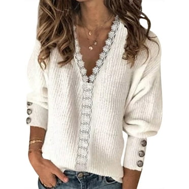 STARVNC Women Solid Color V Neck Lace Stitching Buttons Long Sleeves Sweater