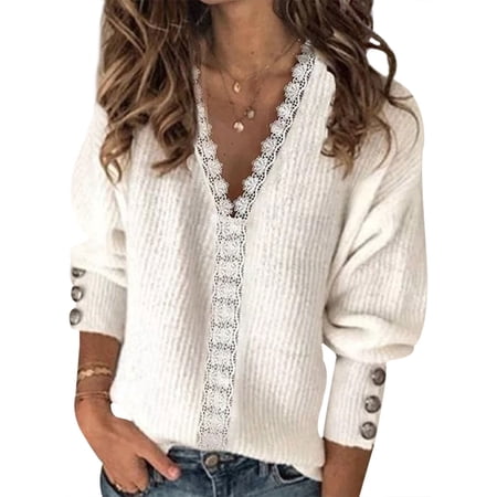 STARVNC Women Solid Color V Neck Lace Stitching Buttons Long Sleeves Sweater