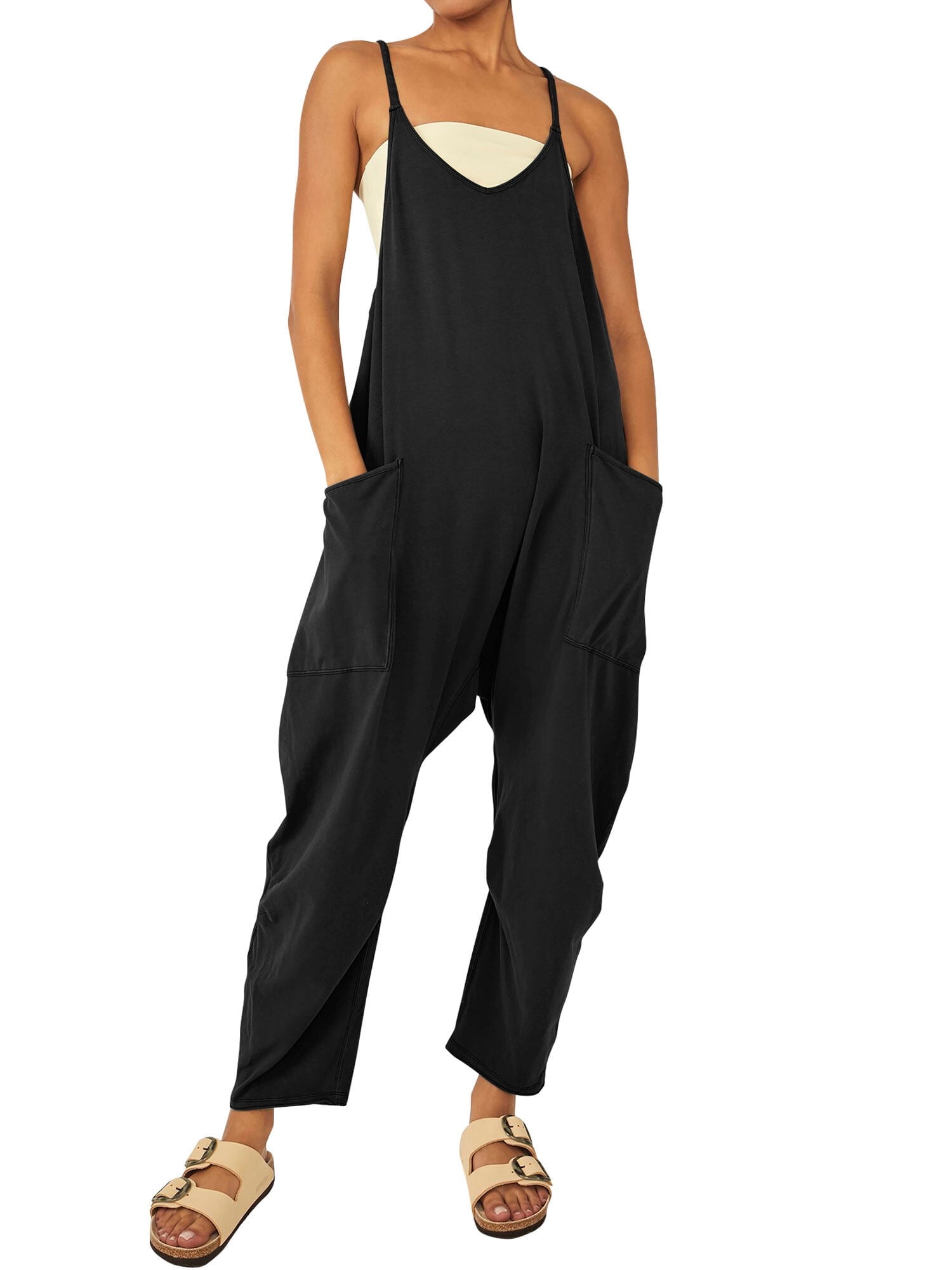 STARVNC Women Solid Color V Neck Sleeveless Pockets Jumpsuit