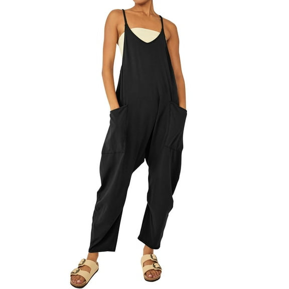 STARVNC Women Solid Color V Neck Sleeveless Pockets Jumpsuit
