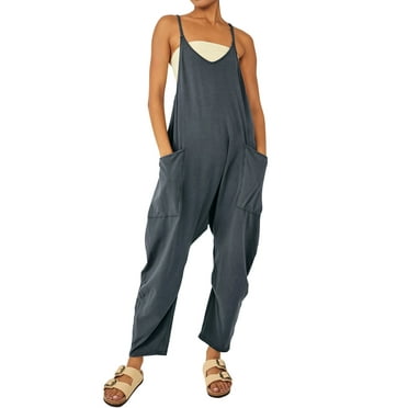 STARVNC Women Solid Color V Neck Sleeveless Pockets Jumpsuit