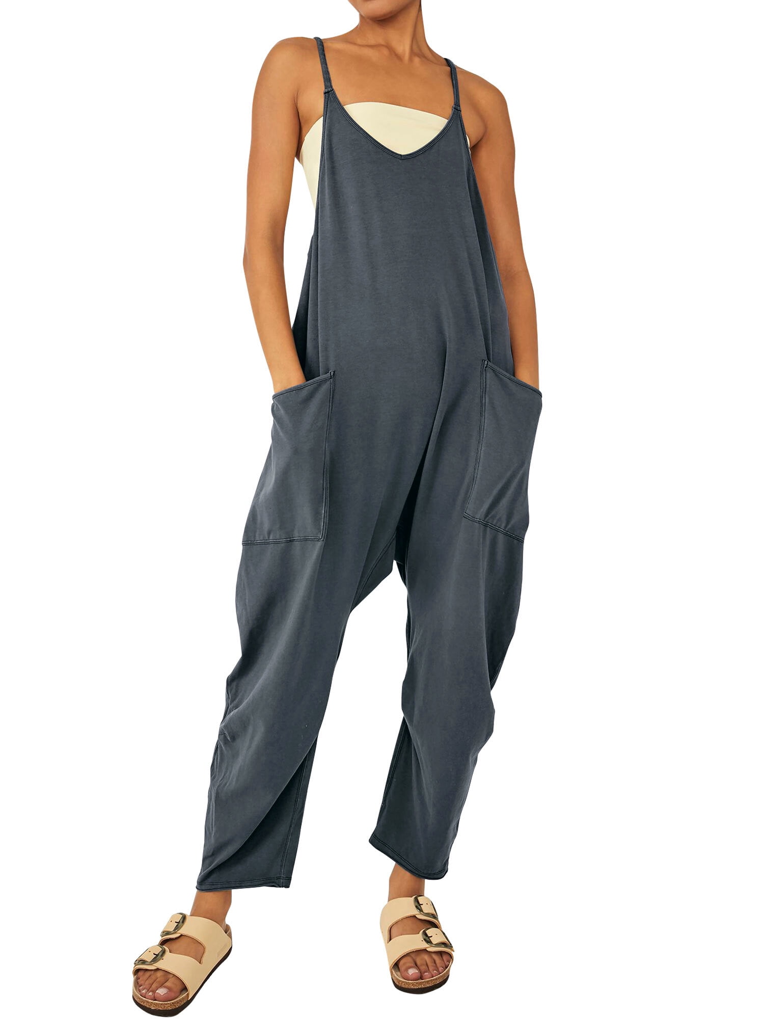 STARVNC Women Solid Color V Neck Sleeveless Pockets Jumpsuit - Walmart.com