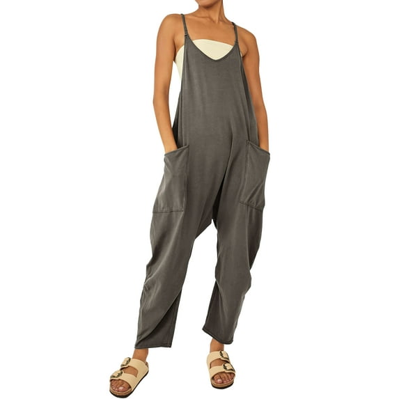 STARVNC Women Solid Color V Neck Sleeveless Pockets Jumpsuit