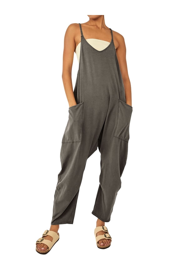 STARVNC Women Solid Color V Neck Sleeveless Pockets Jumpsuit