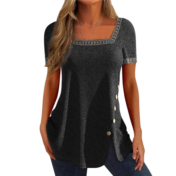 STARVNC Women Square Neck Button Slit Hem Short Sleeve T-Shirt