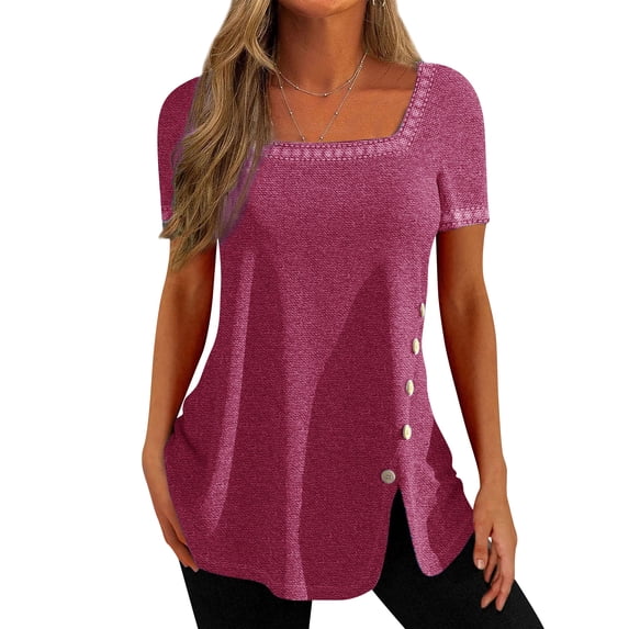 STARVNC Women Square Neck Button Slit Hem Short Sleeve T-Shirt