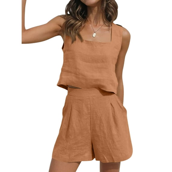 STARVNC Women Square Neck Sleeveless Shorts Linen Matching 2 Piece Sets