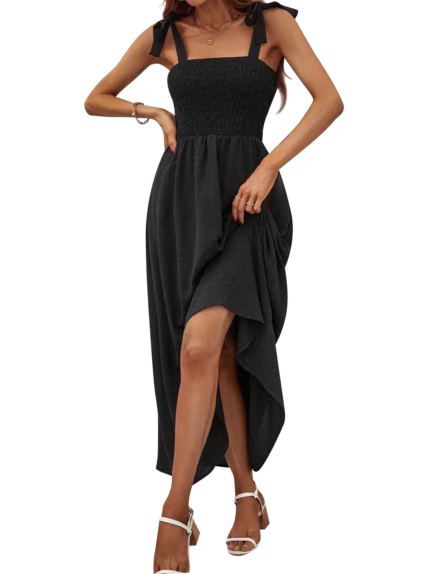 STARVNC Women Square Neck Smocked Lace Up Backless Maxi Dress - Walmart.com