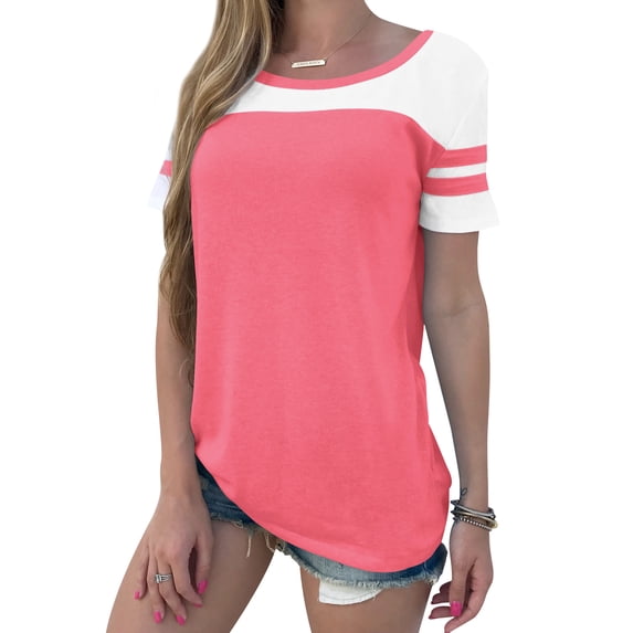 STARVNC Women Stripe Splice Short Sleeve Crew Neck Shirt