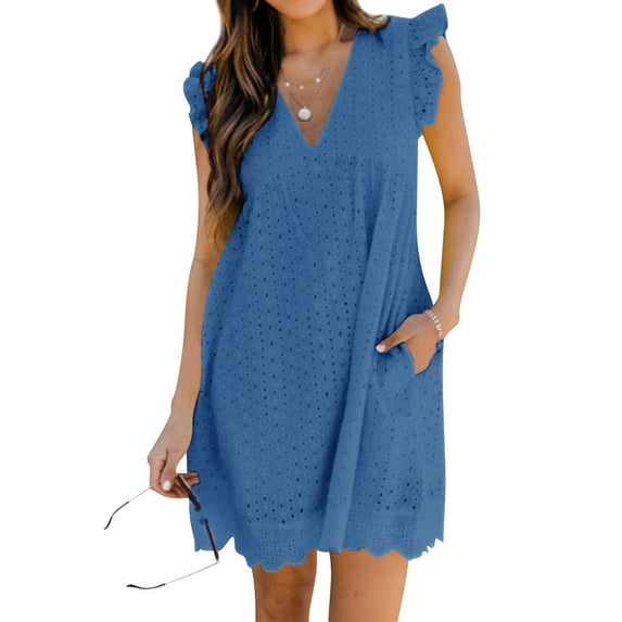 STARVNC Women V Neck Flutter Sleeve Lace Hollow Out Wavy Hem Mini Dress