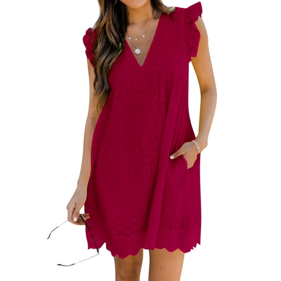 STARVNC Women V Neck Flutter Sleeve Lace Hollow Out Wavy Hem Mini Dress