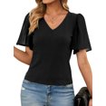 thumbnail image 1 of STARVNC Women V Neck Mesh Splicing Flare Short Sleeve Ribbed T-Shirt, 1 of 7