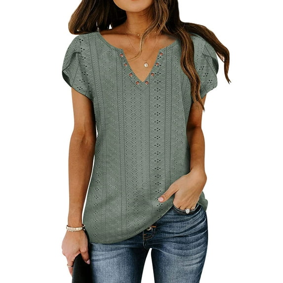 STARVNC Women V Neck Petal Sleeve Cutout Jacquard Weave T-Shirt