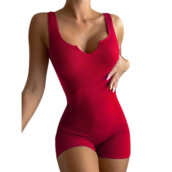 STARVNC Women V Neck Ribbed Knitted Slimming Sleeveless Jumpsuits