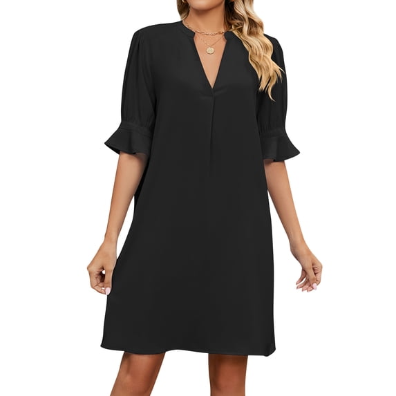 STARVNC Women V Neck Ruffle Half Sleeve Pleated Midi Dress