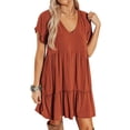 thumbnail image 1 of STARVNC Women V Neck Short Sleeve Ruffle Pleated Solid Color Mini Dress, 1 of 6