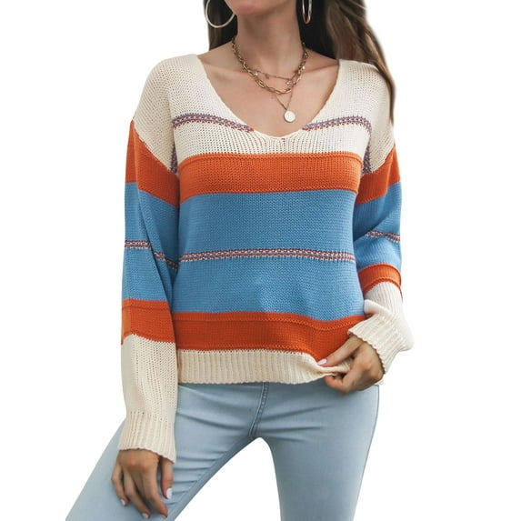 STARVNC Women V Neck Striped Contrast Color Long Sleeve Knit Sweater