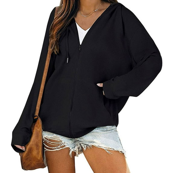 STARVNC Women Zipper Drawstring Pockets Long Sleeve Waffle Hoodie
