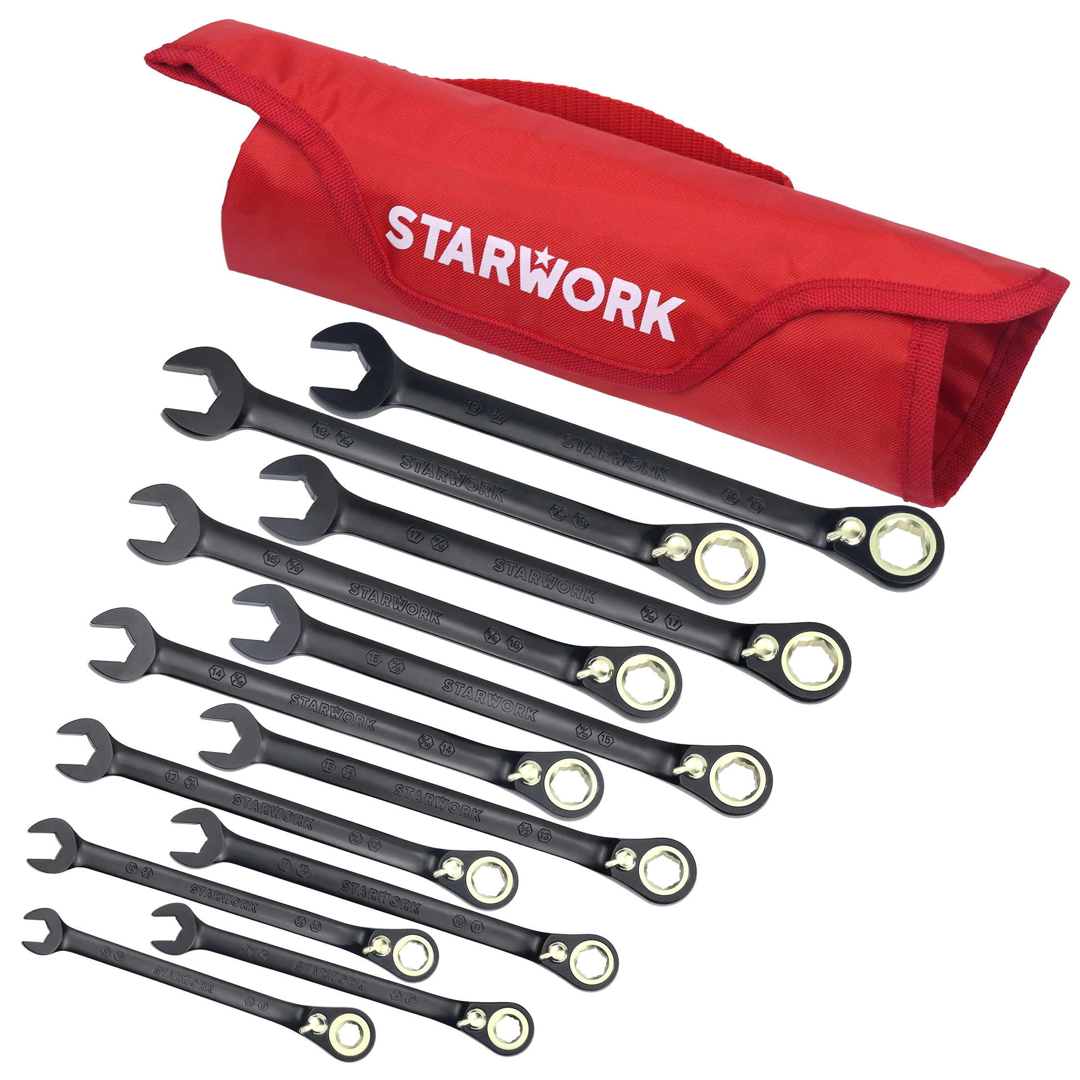 STARWORK TRUE MECHANIC™ 12Pc. 2-IN-1, 120T Reversible Ratcheting Wrench Set, Long Pattern, Professional, With Portable Roll-Up Pouch Bag