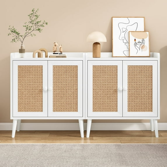 STARY 2Pcs Sideboard Buffet Cabinet Bar Cabinets with Rattan Decorated Doors(White)
