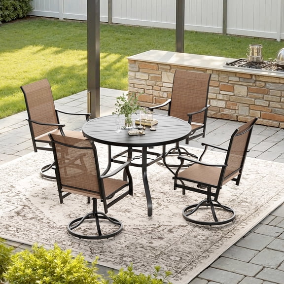 STARY 5 Pieces Outdoor Dining Set with 1.57" Umbrella Hole, Patio Swivel Dining Textilene Chairs and 41.3" Iron Round Table for 4 People, Backyard