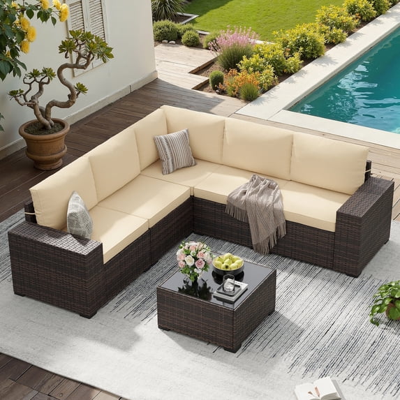 STARY 6 Pieces Outdoor Sectional Sofa with Wide Armrests, Patio Conversation Set, PE Rattan Furniture Set for Backyard, Cream