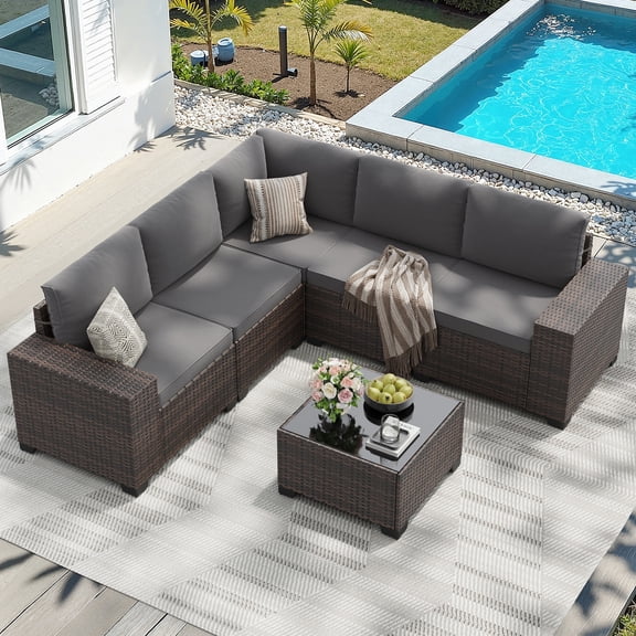 STARY 6 Pieces Outdoor Sectional Sofa with Wide Armrests, Patio Conversation Set, PE Rattan Furniture Set for Backyard, Grey