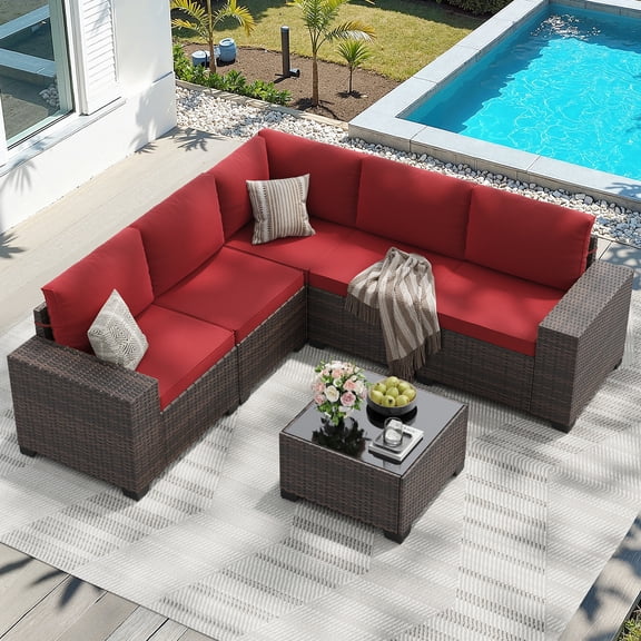 STARY 6 Pieces Outdoor Sectional Sofa with Wide Armrests, Patio Conversation Set, PE Rattan Furniture Set for Backyard, Red