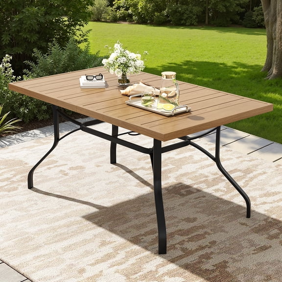 STARY 60"x35" Metal Patio Dining Table, Outdoor Rectangular Dining Table with 1.57" Umbrella Hole for Backyard, Wood Grain