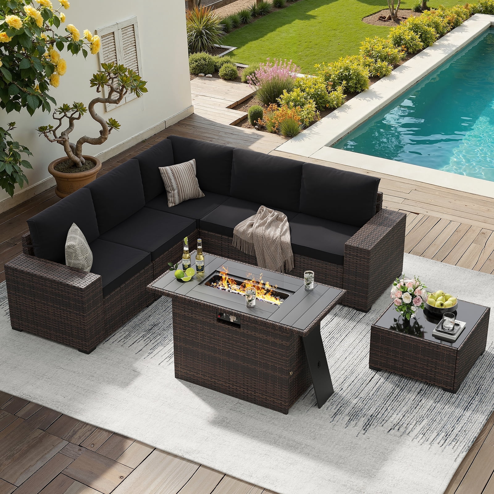 STARY 7 Pieces Outdoor Conversation Set With Fire Pit Table, Wide Armrests Outdoor Modular Wicker Furniture Set, Black