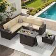 thumbnail image 1 of STARY 7 Pieces Outdoor Conversation Set With Fire Pit Table, Wide Armrests Outdoor Modular Wicker Furniture Set, Cream, 1 of 10
