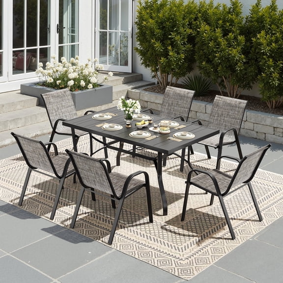 STARY 7 Pieces Outdoor Dining Set with 1.57" Umbrella Hole, Patio Stackable Dining Textilene Chairs and 60"x35" Iron Rectangle Table for 6 People, Garden