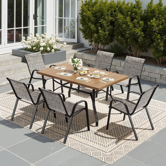 STARY 7 Pieces Outdoor Dining Set with 1.57" Umbrella Hole, Patio Stackable Dining Textilene Chairs and 60"x35" Iron Rectangle Table for 6 People, Garden