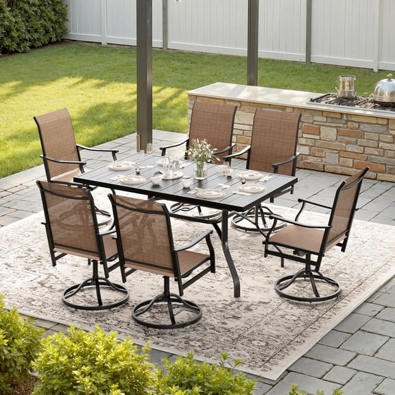 STARY 7 Pieces Outdoor Dining Set with 1.57" Umbrella Hole, Patio Swivel Dining Textilene Chairs and 60"x35" Iron Rectangle Table for 6 People, Backyard