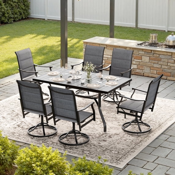 STARY 7 Pieces Outdoor Dining Set with 1.57" Umbrella Hole, Patio Swivel Dining Textilene Chairs and 60"x35" Iron Rectangle Table for 6 People, Balcony