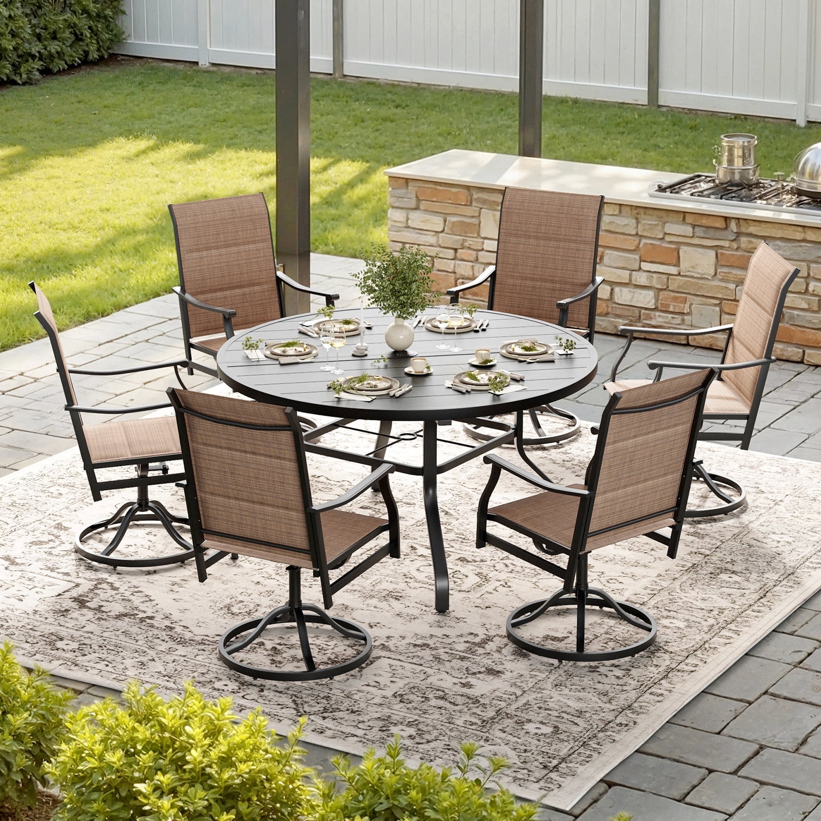 STARY 7 Pieces Outdoor Dining Set with 1.57" Umbrella Hole, Patio Swivel Dining Textilene Chairs and 47.2" Iron Round Table for 6 People, Poolside