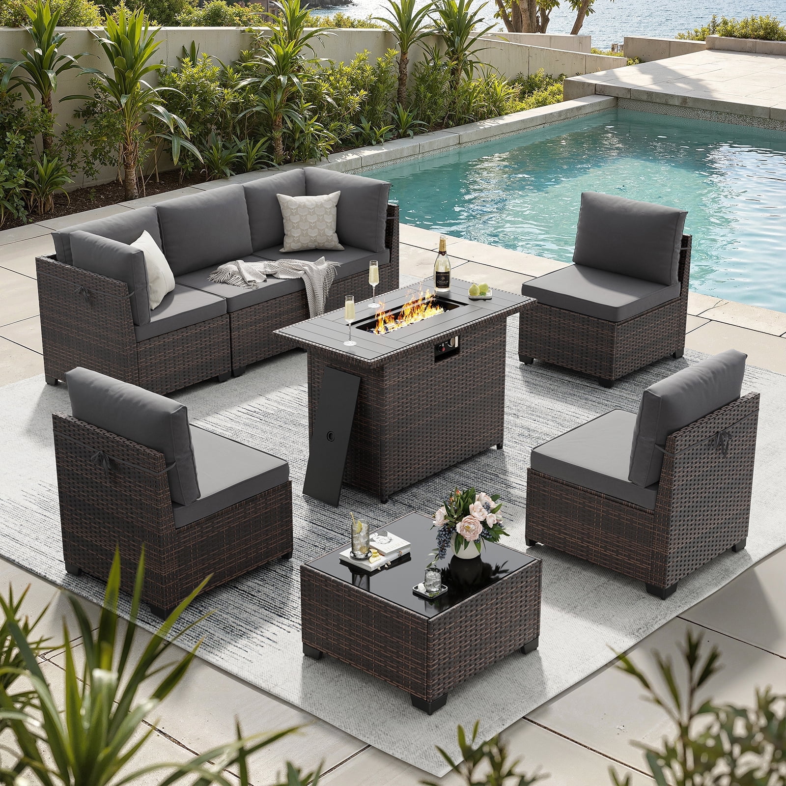 STARY 8 Pieces Outdoor Furniture Set with Fire Pit Table, Wicker Patio Sectional Sofas, All-Weather Outdoor Conversation Set for Garden, Grey