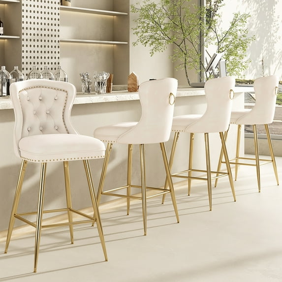 STARY Bar Stools Set of 4, Velvet Counter Height Stools with Metal Legs for Kitchen, Dining Rooms, Pubs (Beige, 26")