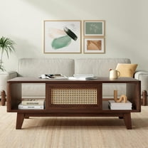 STARY Coffee Table, Mid Century Living Room Tables with Storage, Modern Square with Rattan Drawer, Wooden Living Room Table with Solid Wood Leg