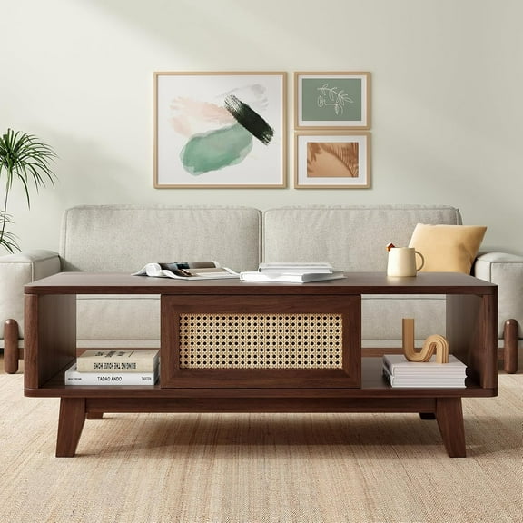 STARY Coffee Table, Mid Century Living Room Tables with Storage, Modern Square with Rattan Drawer, Wooden Living Room Table with Solid Wood Leg