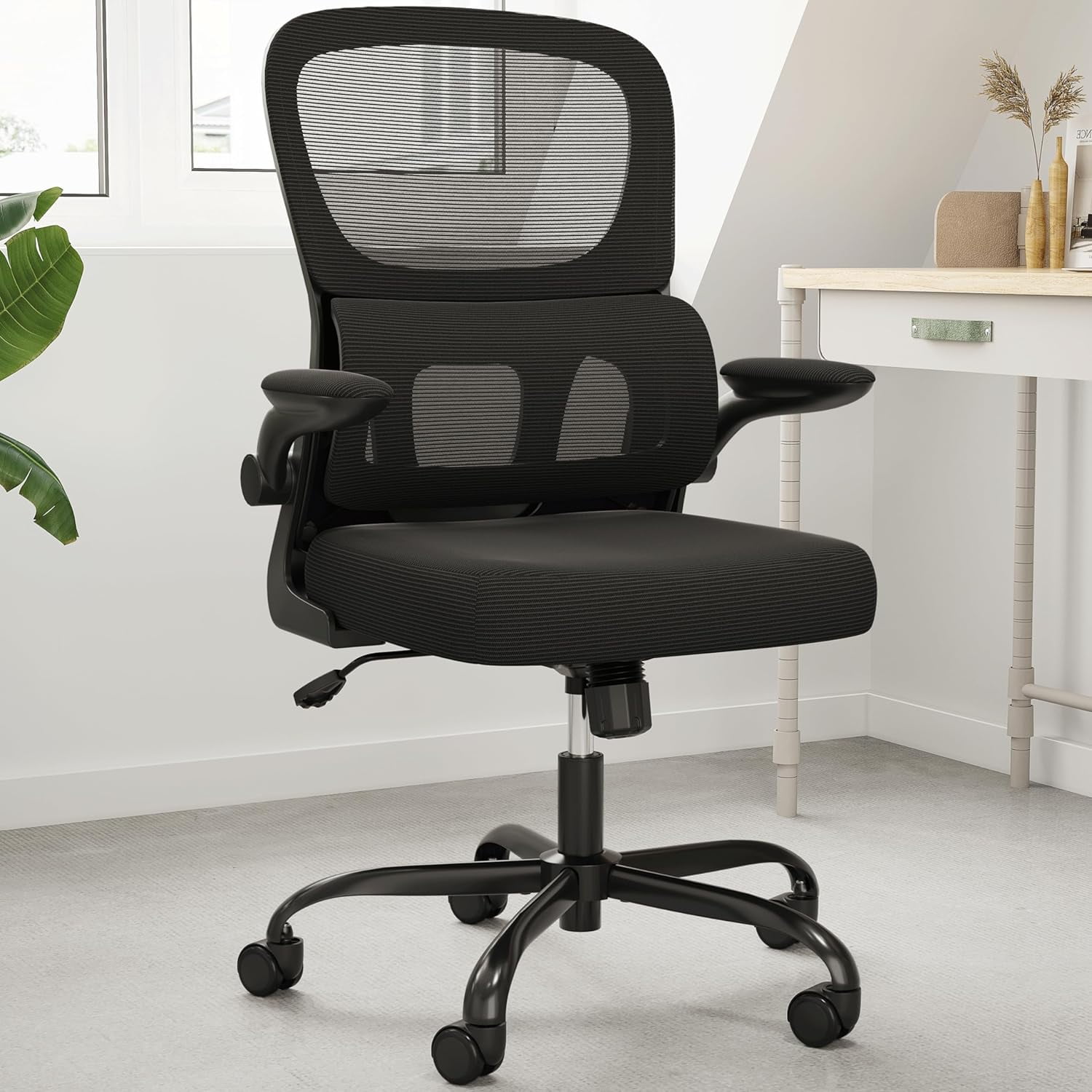 STARY Ergonomic Mesh Office Chair, Computer Chair with Lumbar Support and Flip-up Armrests, Comfy Desk Chair with PU Wheels for Home Office, Black & Black